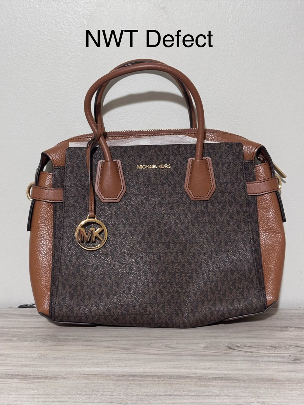 NWT Defect Michael Kors Brown and Tan Signature Satchel with Gold Accents